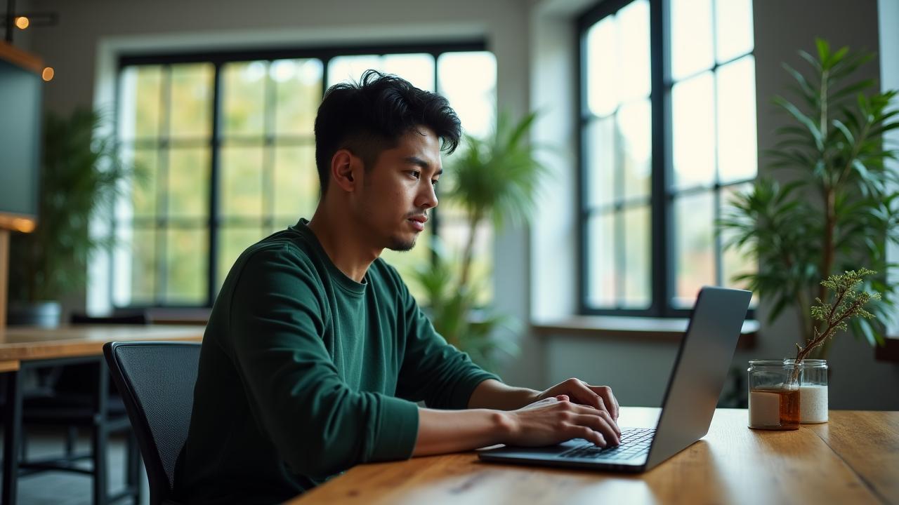 Freelancer arbeitet souverän im modernen Homeoffice